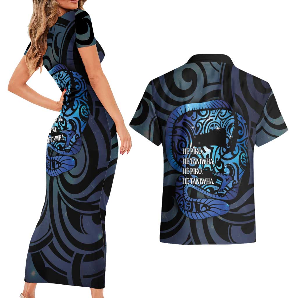 Tuna Eel New Zealand Matariki Couples Matching Short Sleeve Bodycon Dress and Hawaiian Shirt He Piko He Taniwha Maori Pattern
