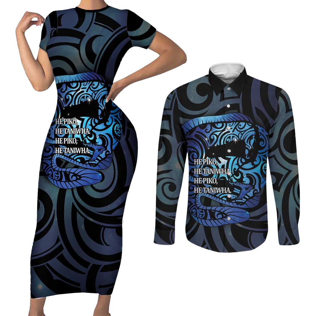 Tuna Eel New Zealand Matariki Couples Matching Short Sleeve Bodycon Dress and Long Sleeve Button Shirt He Piko He Taniwha Maori Pattern