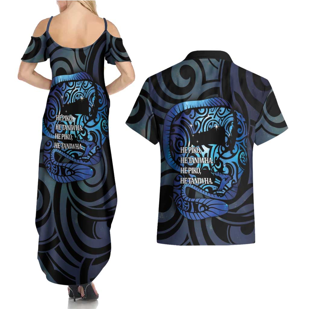 Tuna Eel New Zealand Matariki Couples Matching Summer Maxi Dress and Hawaiian Shirt He Piko He Taniwha Maori Pattern