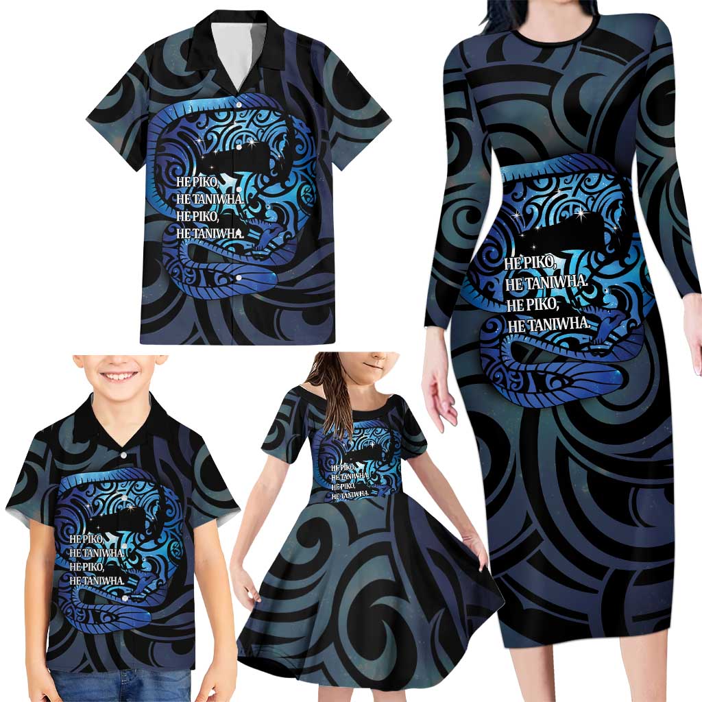 Tuna Eel New Zealand Matariki Family Matching Long Sleeve Bodycon Dress and Hawaiian Shirt He Piko He Taniwha Maori Pattern