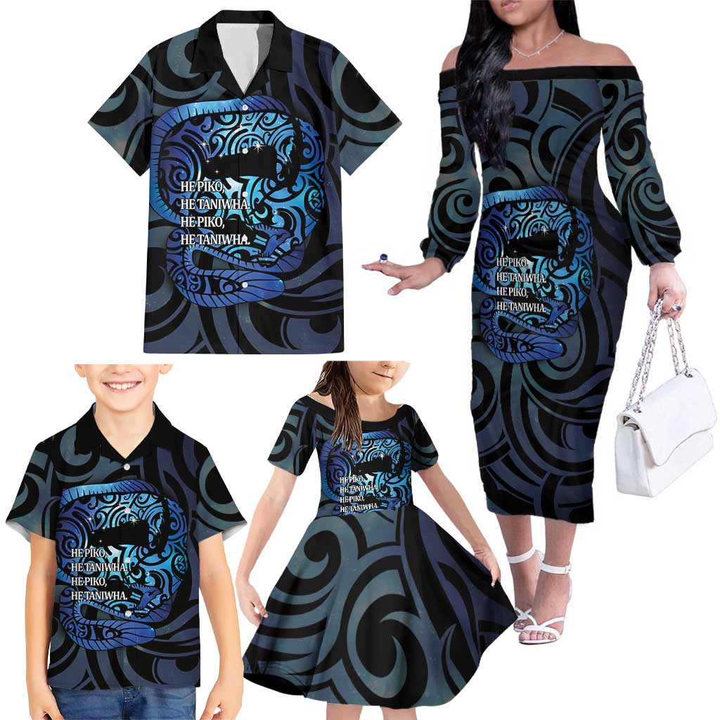 Tuna Eel New Zealand Matariki Family Matching Off The Shoulder Long Sleeve Dress and Hawaiian Shirt He Piko He Taniwha Maori Pattern