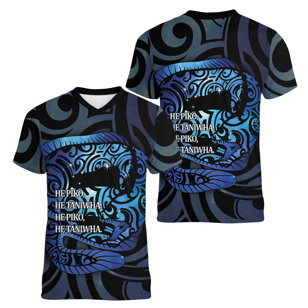 Tuna Eel New Zealand Matariki Women V-Neck T-Shirt He Piko He Taniwha Maori Pattern