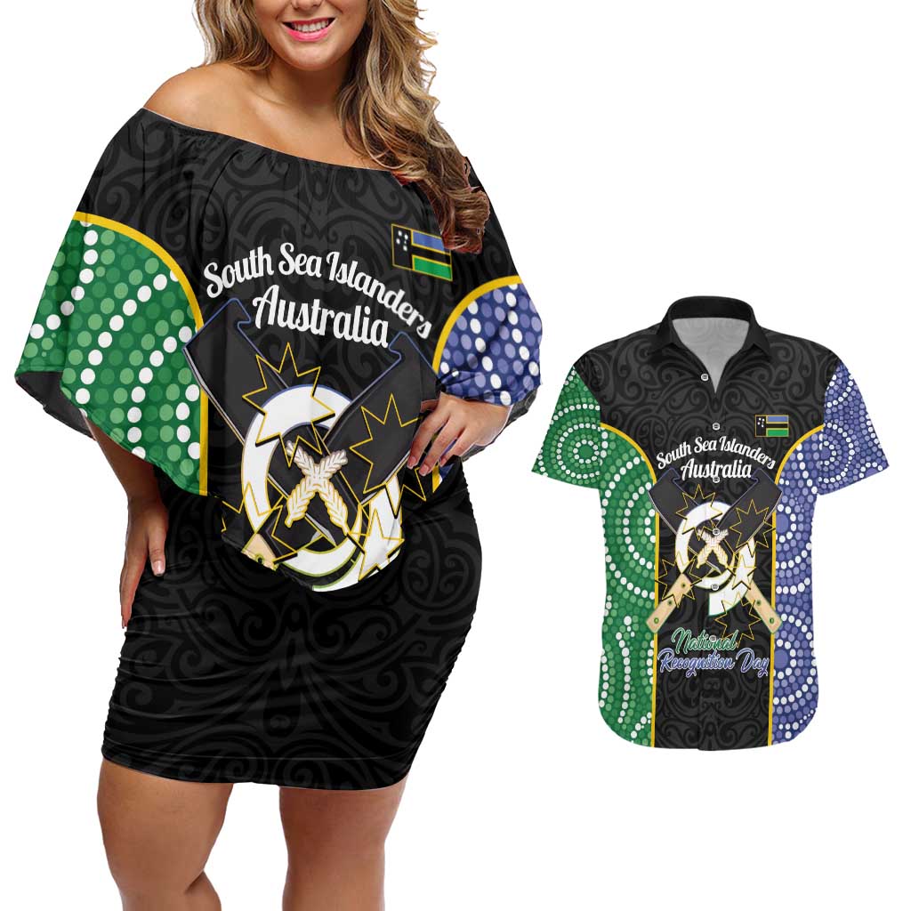 Personalised South Sea Islanders National Recognition Day Couples Matching Off Shoulder Short Dress and Hawaiian Shirt Australia Aboriginal Vanuatu Pig Tusk