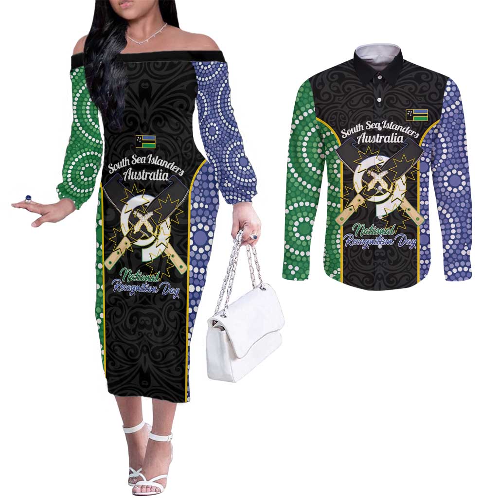 Personalised South Sea Islanders National Recognition Day Couples Matching Off The Shoulder Long Sleeve Dress and Long Sleeve Button Shirt Australia Aboriginal Vanuatu Pig Tusk