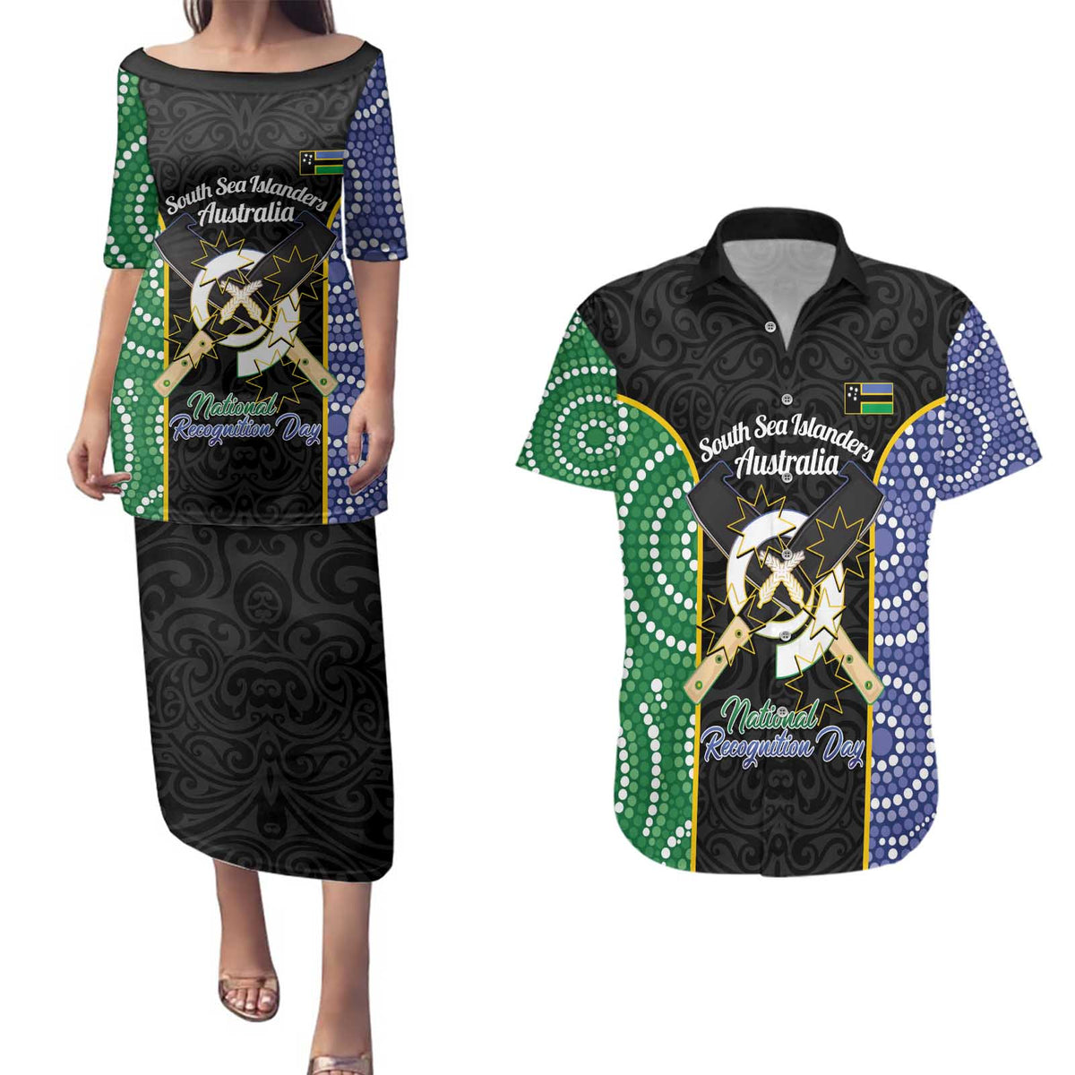 Personalised South Sea Islanders National Recognition Day Couples Matching Puletasi and Hawaiian Shirt Australia Aboriginal Vanuatu Pig Tusk