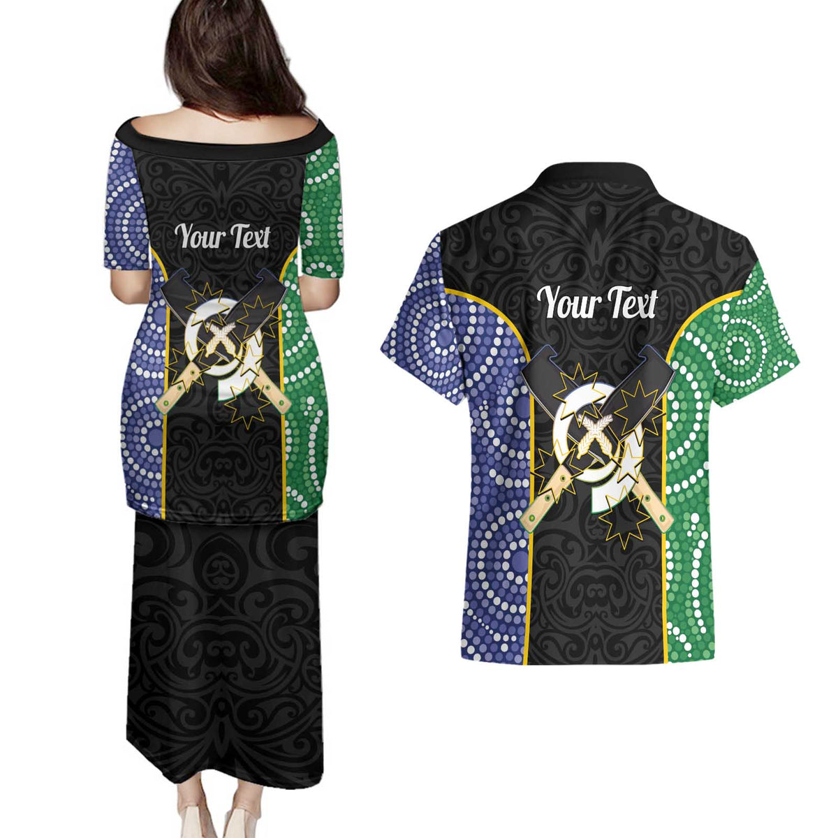 Personalised South Sea Islanders National Recognition Day Couples Matching Puletasi and Hawaiian Shirt Australia Aboriginal Vanuatu Pig Tusk