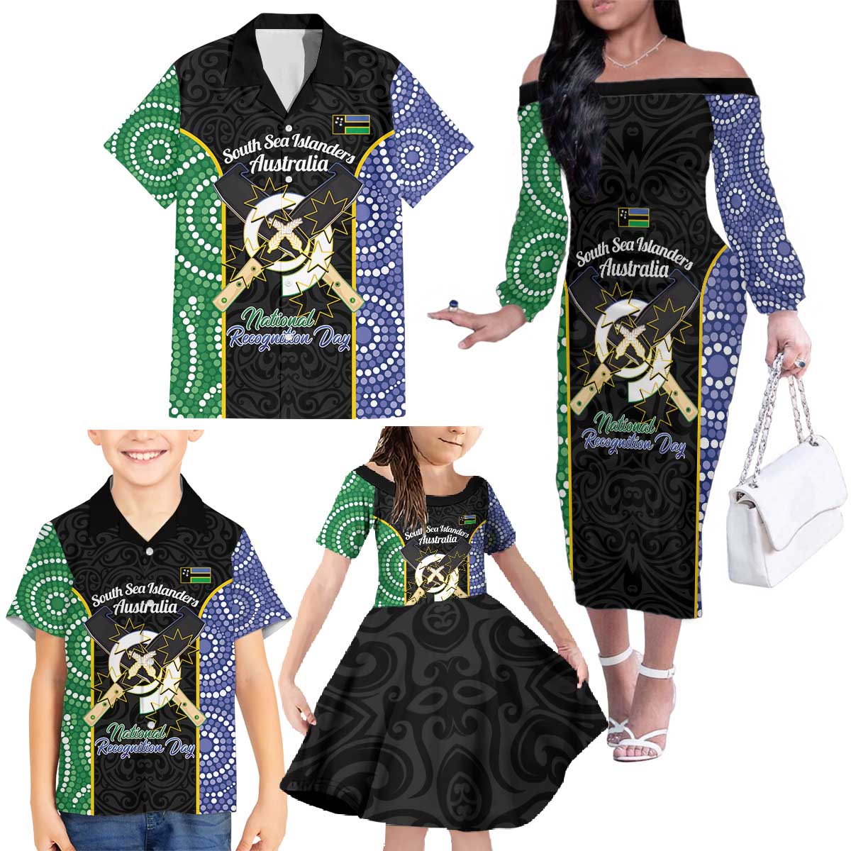 Personalised South Sea Islanders National Recognition Day Family Matching Off The Shoulder Long Sleeve Dress and Hawaiian Shirt Australia Aboriginal Vanuatu Pig Tusk