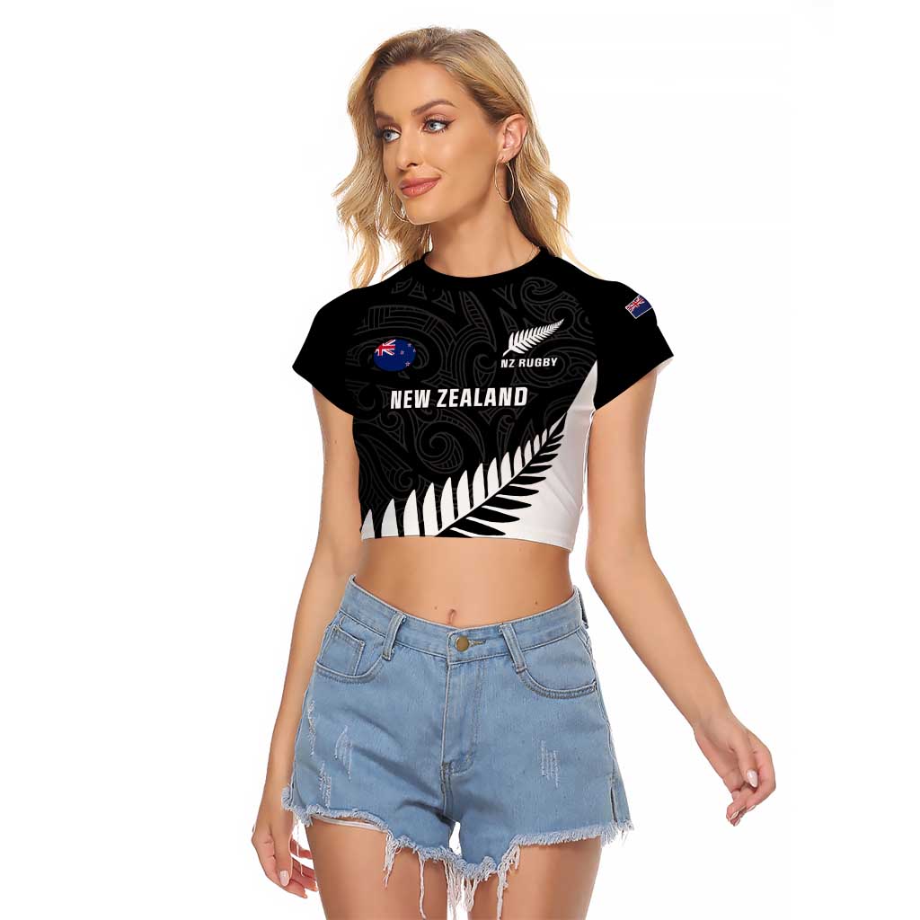 Personalised New Zealand Silver Fern Rugby Raglan Cropped T Shirt All Black Go Champions Maori Pattern LT14