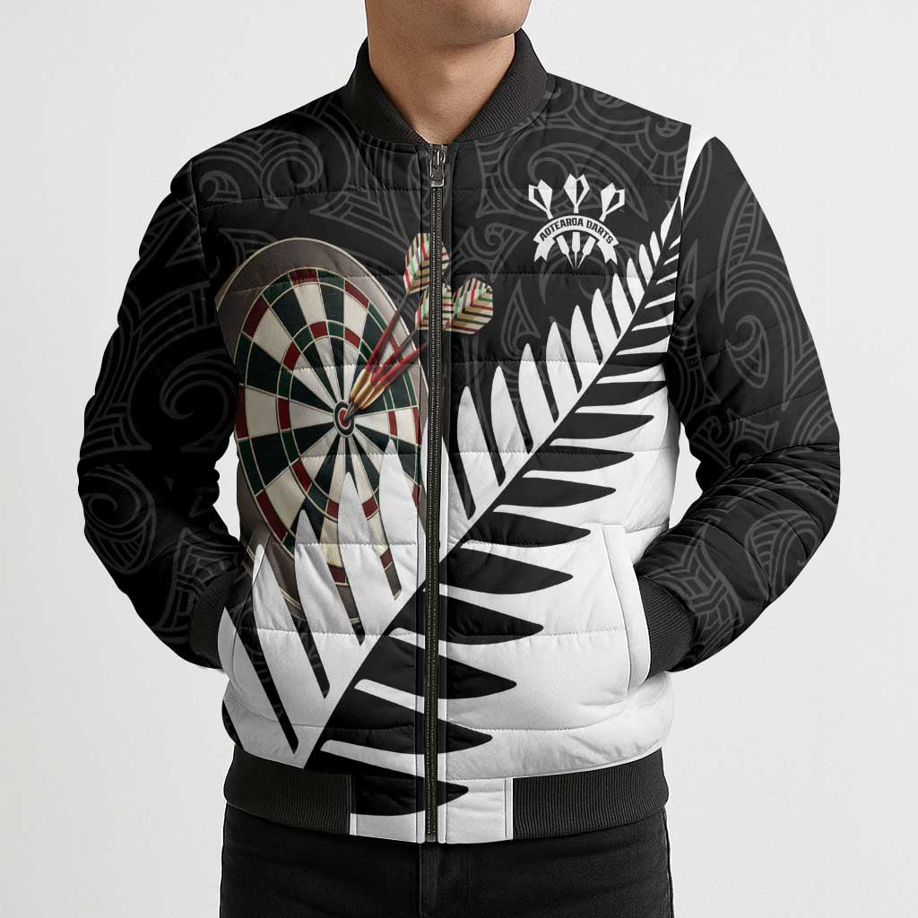Personalised New Zealand Darts Bomber Puffer Jacket Silver Fern Aotearoa Maori Pattern - Polynesian Pride