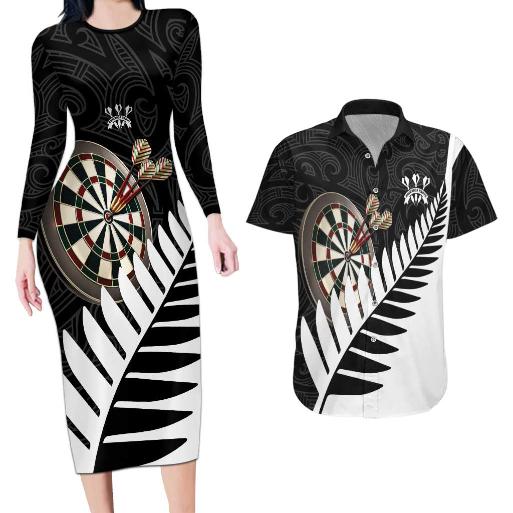 Personalised New Zealand Darts Couples Matching Long Sleeve Bodycon Dress and Hawaiian Shirt Silver Fern Aotearoa Maori Pattern - Polynesian Pride