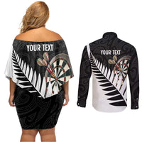 Personalised New Zealand Darts Couples Matching Off Shoulder Short Dress and Long Sleeve Button Shirt Silver Fern Aotearoa Maori Pattern - Polynesian Pride
