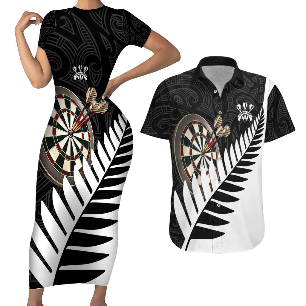 Personalised New Zealand Darts Couples Matching Short Sleeve Bodycon Dress and Hawaiian Shirt Silver Fern Aotearoa Maori Pattern - Polynesian Pride