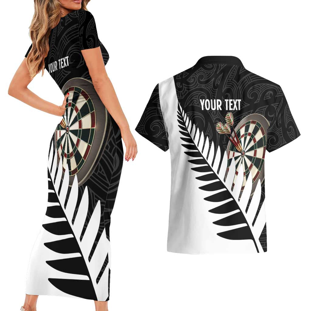 Personalised New Zealand Darts Couples Matching Short Sleeve Bodycon Dress and Hawaiian Shirt Silver Fern Aotearoa Maori Pattern - Polynesian Pride
