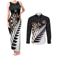 Personalised New Zealand Darts Couples Matching Tank Maxi Dress and Long Sleeve Button Shirt Silver Fern Aotearoa Maori Pattern - Polynesian Pride