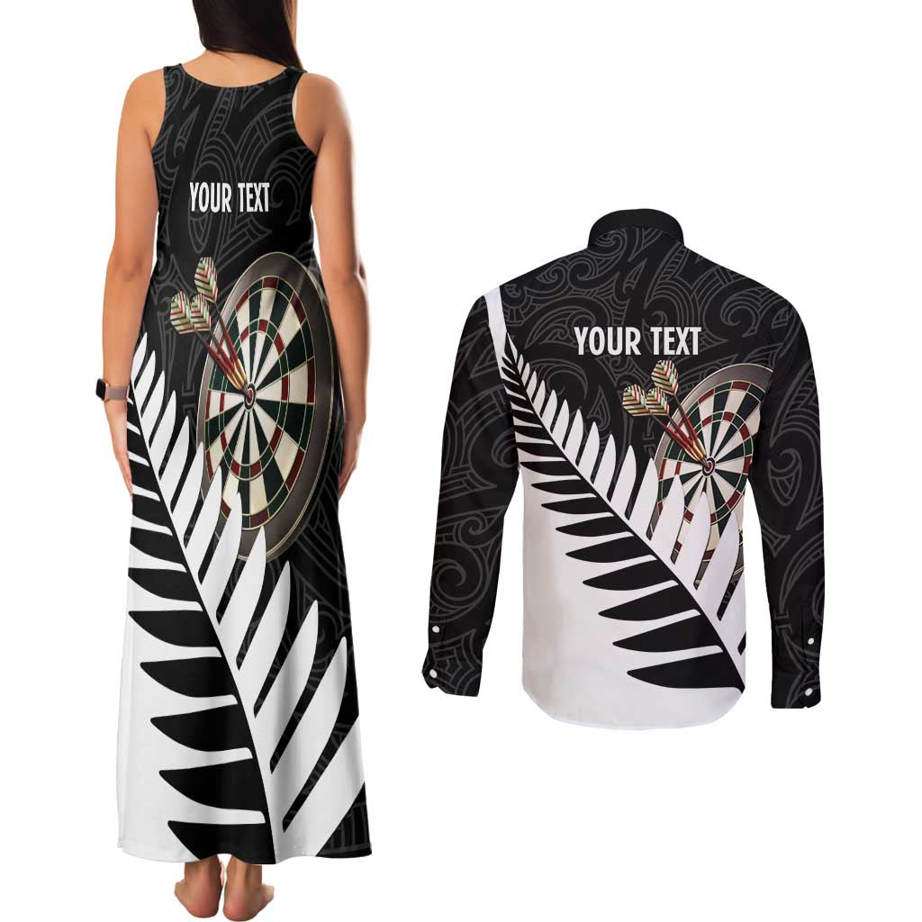 Personalised New Zealand Darts Couples Matching Tank Maxi Dress and Long Sleeve Button Shirt Silver Fern Aotearoa Maori Pattern - Polynesian Pride
