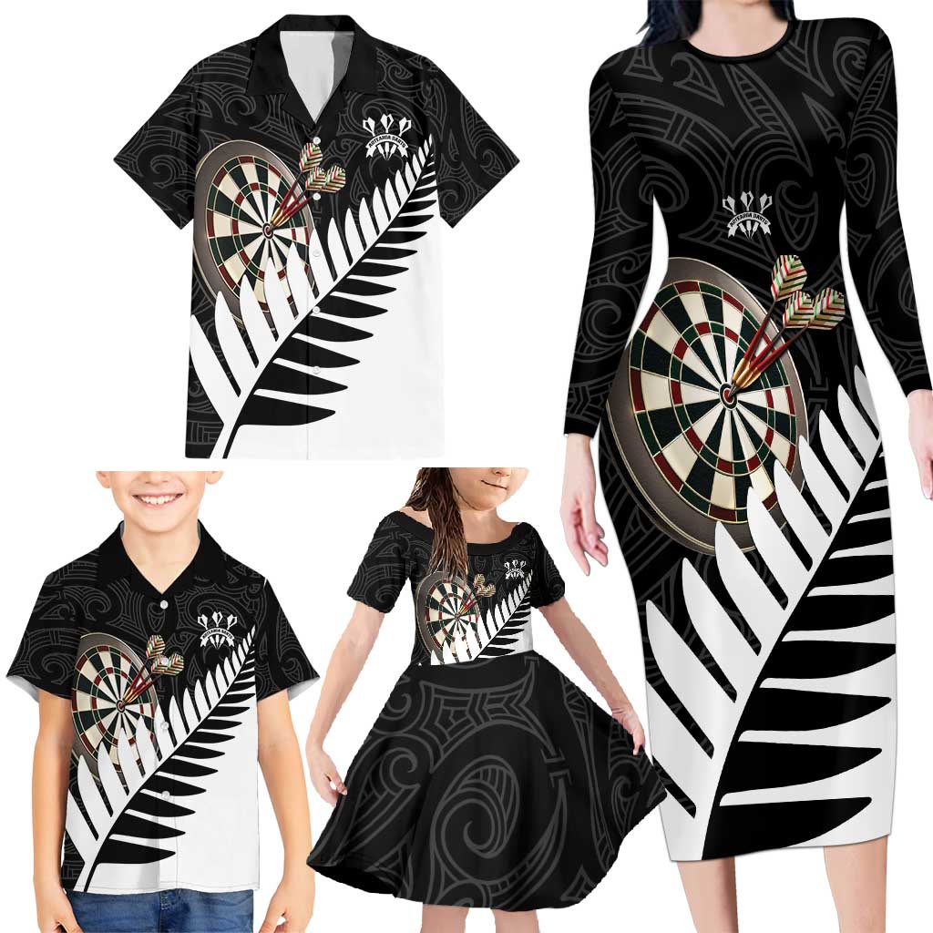 Personalised New Zealand Darts Family Matching Long Sleeve Bodycon Dress and Hawaiian Shirt Silver Fern Aotearoa Maori Pattern - Polynesian Pride