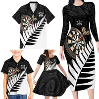 Personalised New Zealand Darts Family Matching Long Sleeve Bodycon Dress and Hawaiian Shirt Silver Fern Aotearoa Maori Pattern - Polynesian Pride