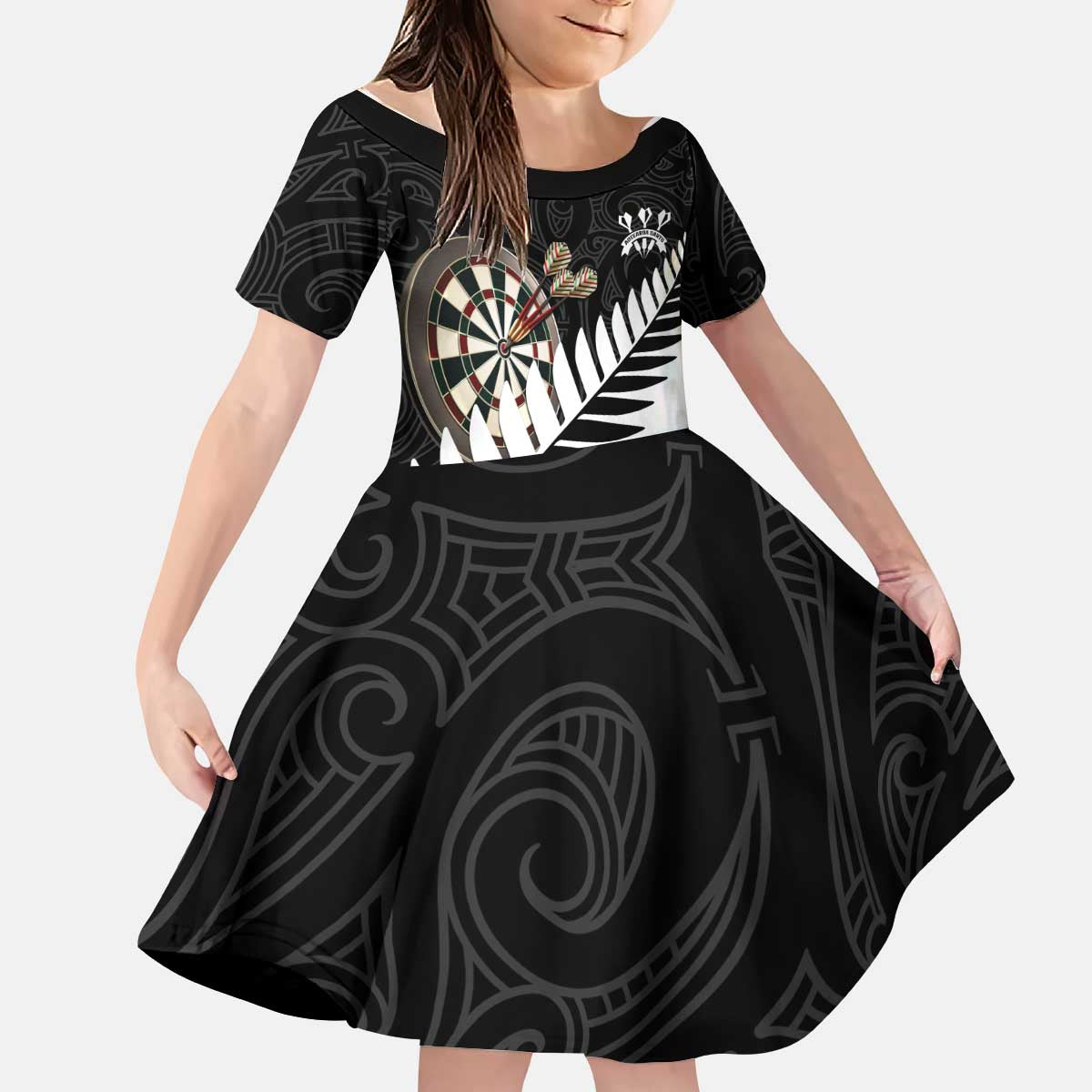 Personalised New Zealand Darts Kid Short Sleeve Dress Silver Fern Aotearoa Maori Pattern - Polynesian Pride