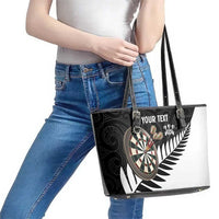 Personalised New Zealand Darts Leather Tote Bag Silver Fern Aotearoa Maori Pattern - Polynesian Pride