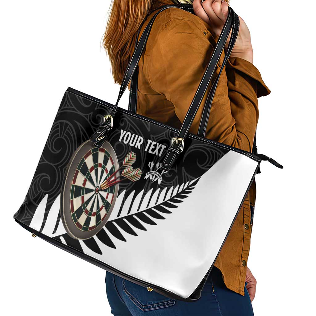 Personalised New Zealand Darts Leather Tote Bag Silver Fern Aotearoa Maori Pattern - Polynesian Pride