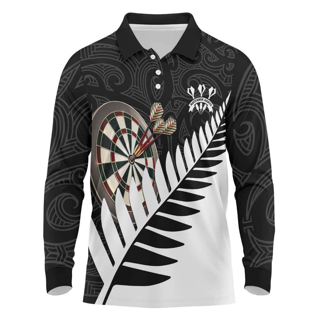 Personalised New Zealand Darts Long Sleeve Polo Shirt Silver Fern Aotearoa Maori Pattern - Polynesian Pride