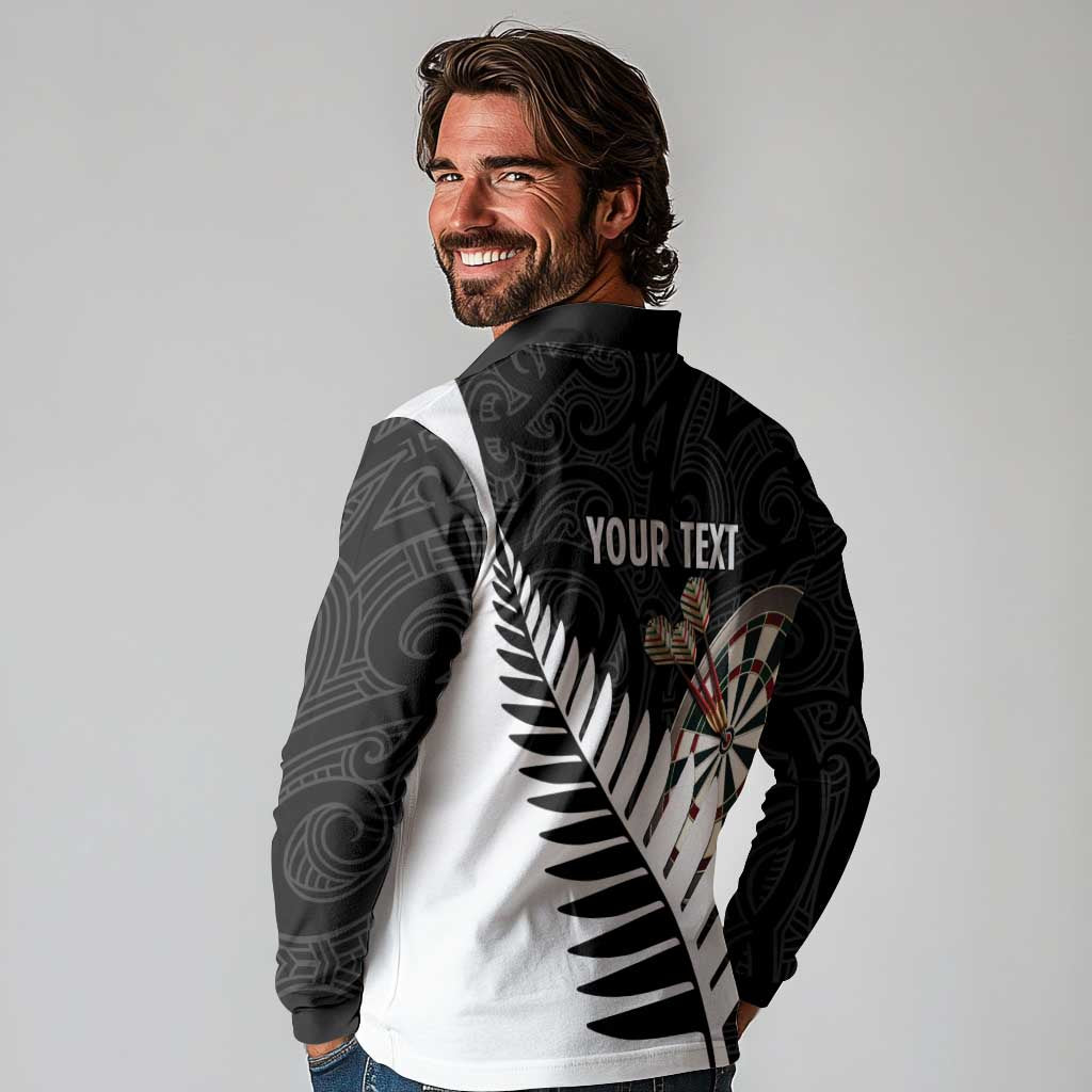 Personalised New Zealand Darts Long Sleeve Polo Shirt Silver Fern Aotearoa Maori Pattern - Polynesian Pride