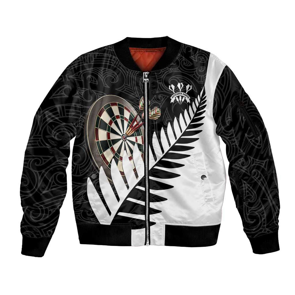 Personalised New Zealand Darts Sleeve Zip Bomber Jacket Silver Fern Aotearoa Maori Pattern - Polynesian Pride