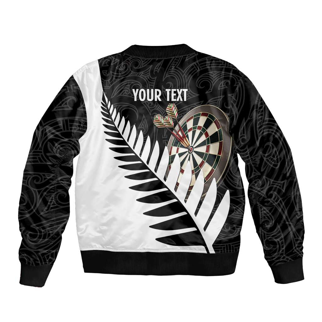 Personalised New Zealand Darts Sleeve Zip Bomber Jacket Silver Fern Aotearoa Maori Pattern - Polynesian Pride