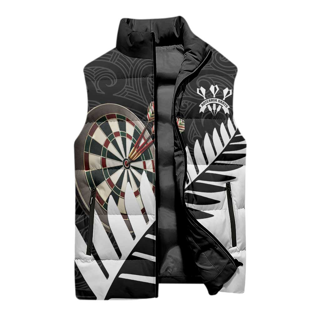 Personalised New Zealand Darts Sleeveless Puffer Jacket Silver Fern Aotearoa Maori Pattern - Polynesian Pride