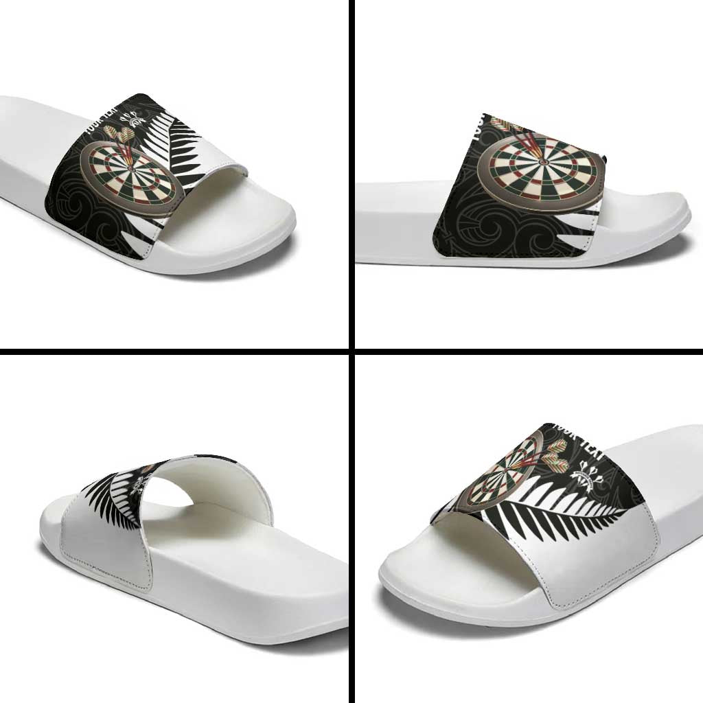 Personalised New Zealand Darts Slide Sandals Silver Fern Aotearoa Maori Pattern - Polynesian Pride