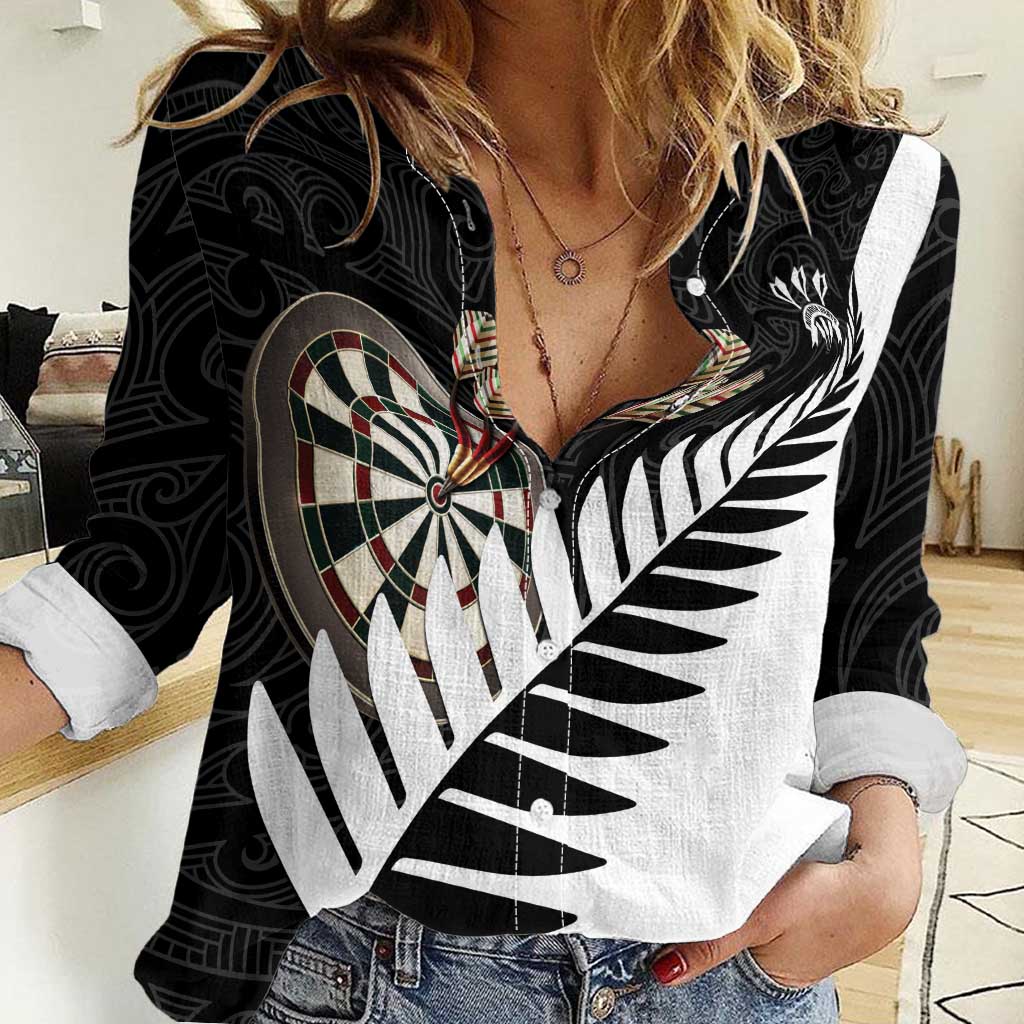 Personalised New Zealand Darts Women Casual Shirt Silver Fern Aotearoa Maori Pattern - Polynesian Pride