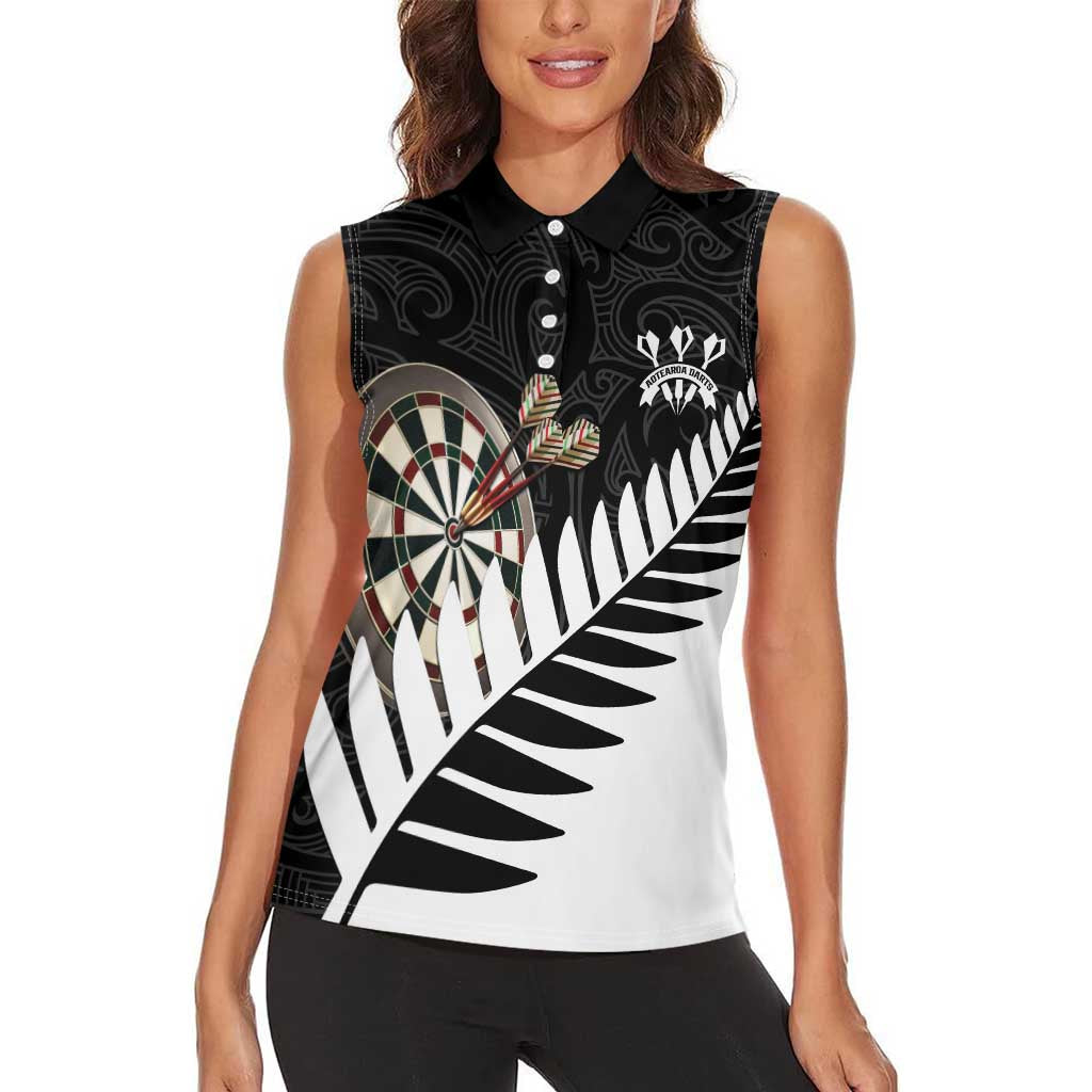 Personalised New Zealand Darts Women Sleeveless Polo Shirt Silver Fern Aotearoa Maori Pattern - Polynesian Pride
