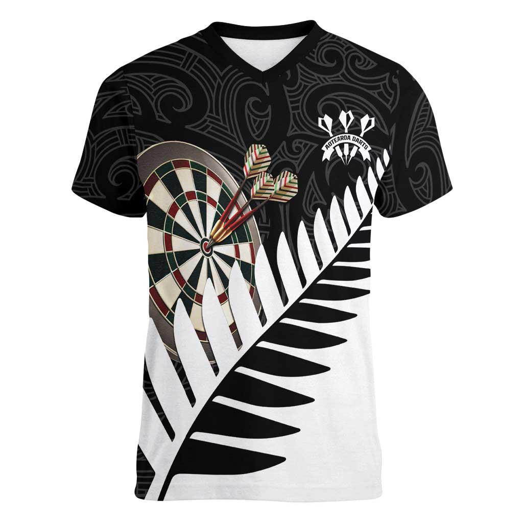 Personalised New Zealand Darts Women V-Neck T-Shirt Silver Fern Aotearoa Maori Pattern - Polynesian Pride