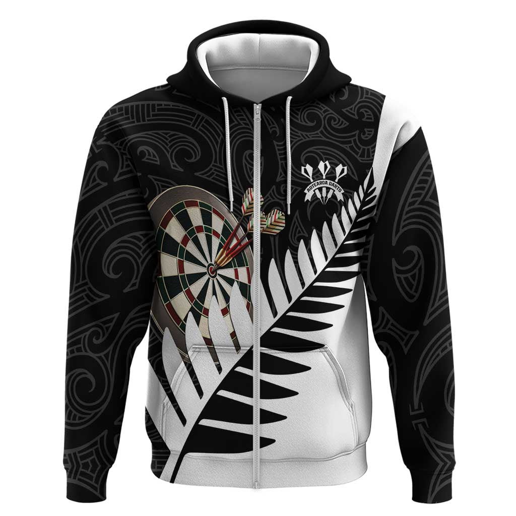 Personalised New Zealand Darts Zip Hoodie Silver Fern Aotearoa Maori Pattern - Polynesian Pride