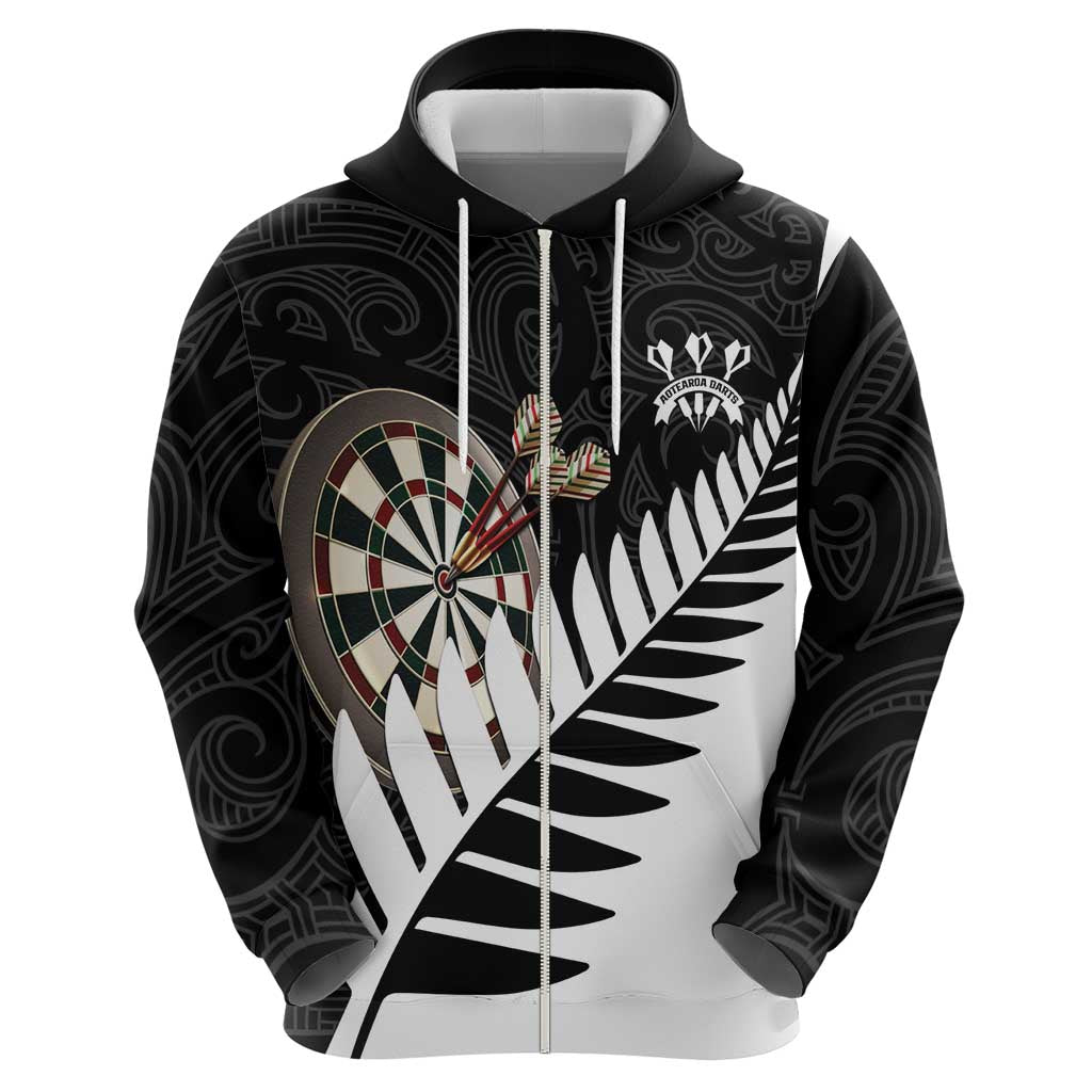 Personalised New Zealand Darts Zip Hoodie Silver Fern Aotearoa Maori Pattern - Polynesian Pride