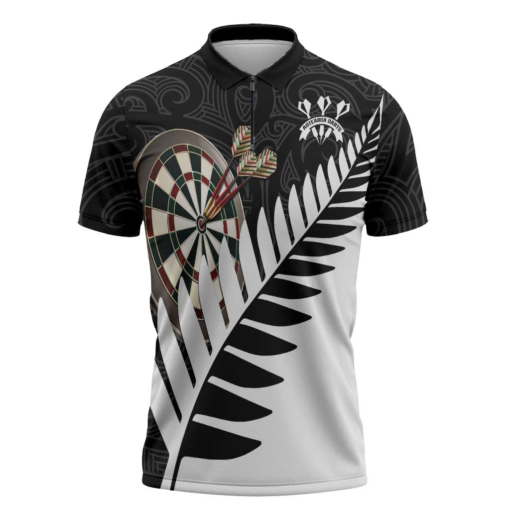 Personalised New Zealand Darts Zipper Polo Shirt Silver Fern Aotearoa Maori Pattern - Polynesian Pride