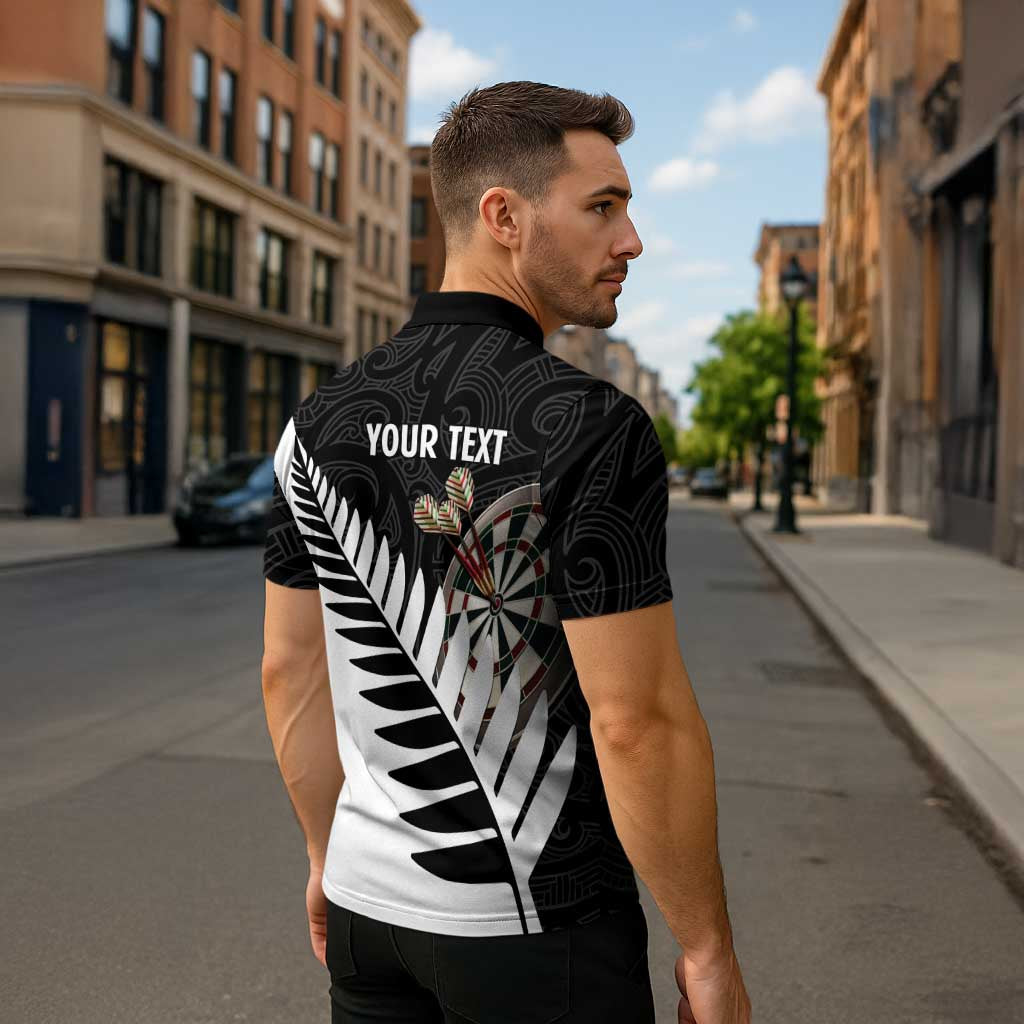 Personalised New Zealand Darts Zipper Polo Shirt Silver Fern Aotearoa Maori Pattern - Polynesian Pride