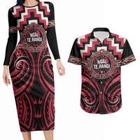 Aotearoa Ngai Te Rangi Personalised Couples Matching Long Sleeve Bodycon Dress and Hawaiian Shirt Maori Iwi Poutama Puhoro Tattoo LT14 Red - Polynesian Pride