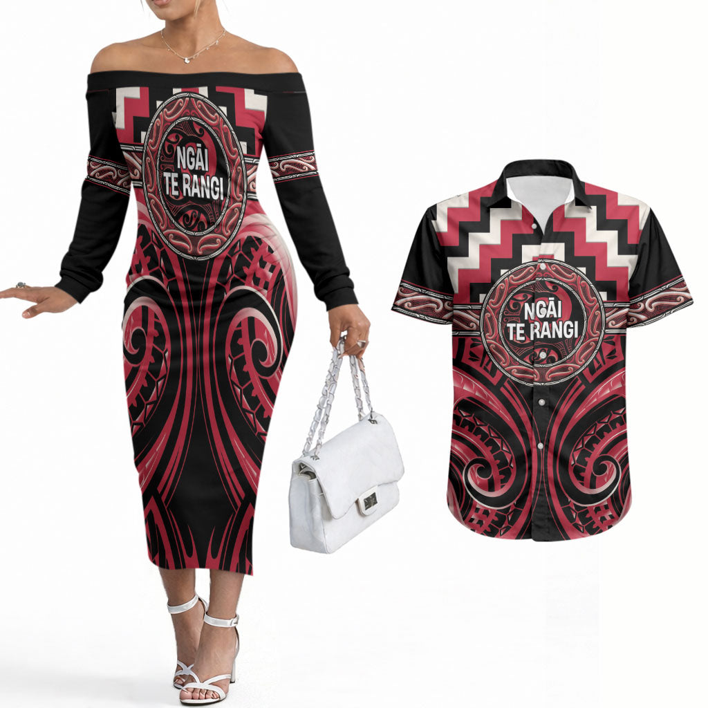Aotearoa Ngai Te Rangi Personalised Couples Matching Off The Shoulder Long Sleeve Dress and Hawaiian Shirt Maori Iwi Poutama Puhoro Tattoo LT14 Red - Polynesian Pride