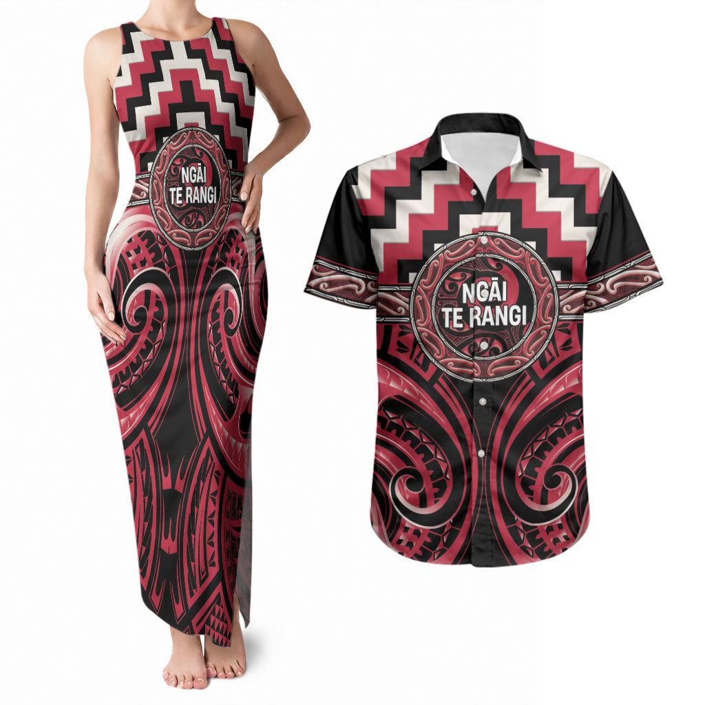 Aotearoa Ngai Te Rangi Personalised Couples Matching Tank Maxi Dress and Hawaiian Shirt Maori Iwi Poutama Puhoro Tattoo LT14 Red - Polynesian Pride