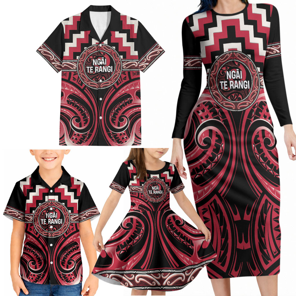 Aotearoa Ngai Te Rangi Personalised Family Matching Long Sleeve Bodycon Dress and Hawaiian Shirt Maori Iwi Poutama Puhoro Tattoo LT14 - Polynesian Pride