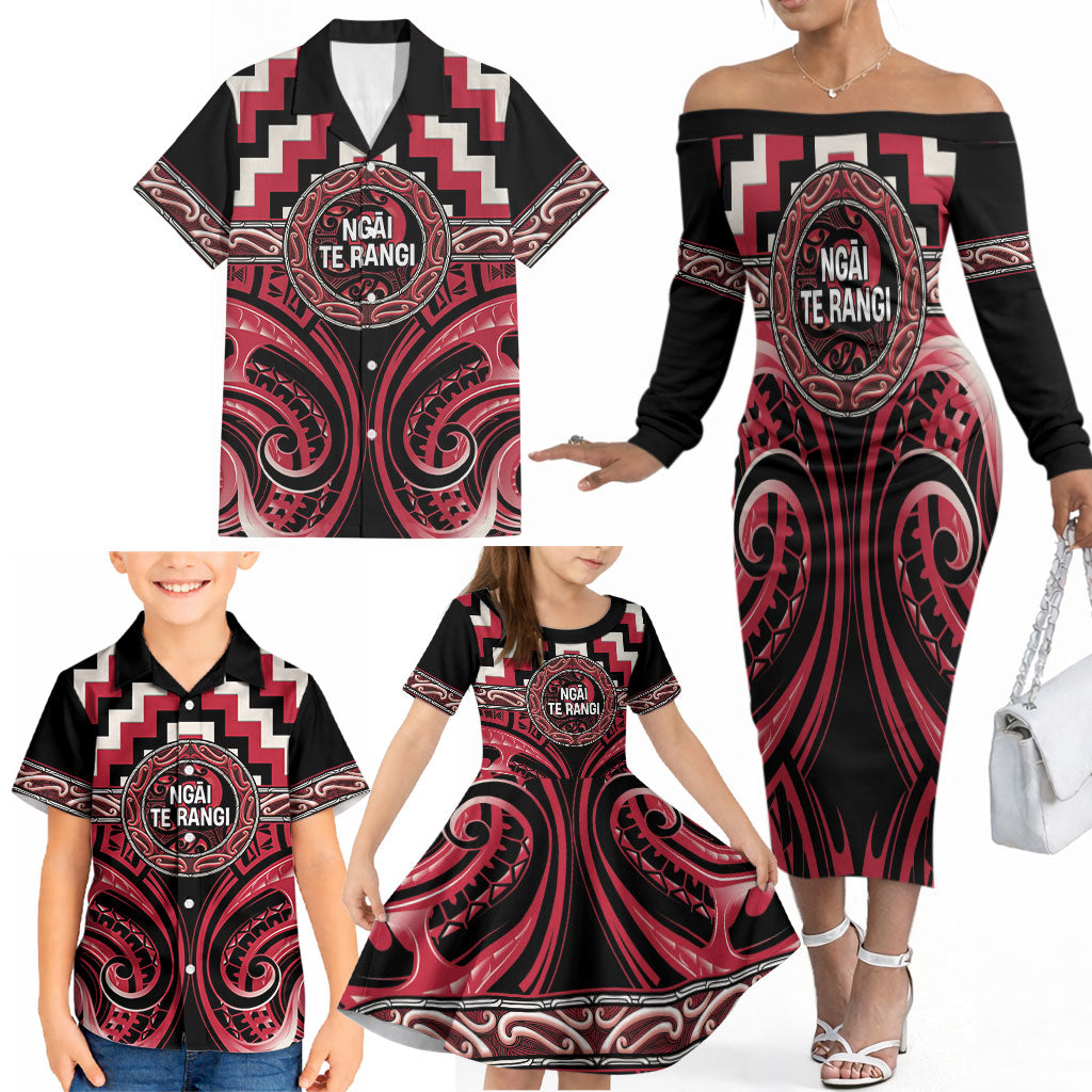 Aotearoa Ngai Te Rangi Personalised Family Matching Off The Shoulder Long Sleeve Dress and Hawaiian Shirt Maori Iwi Poutama Puhoro Tattoo LT14 - Polynesian Pride