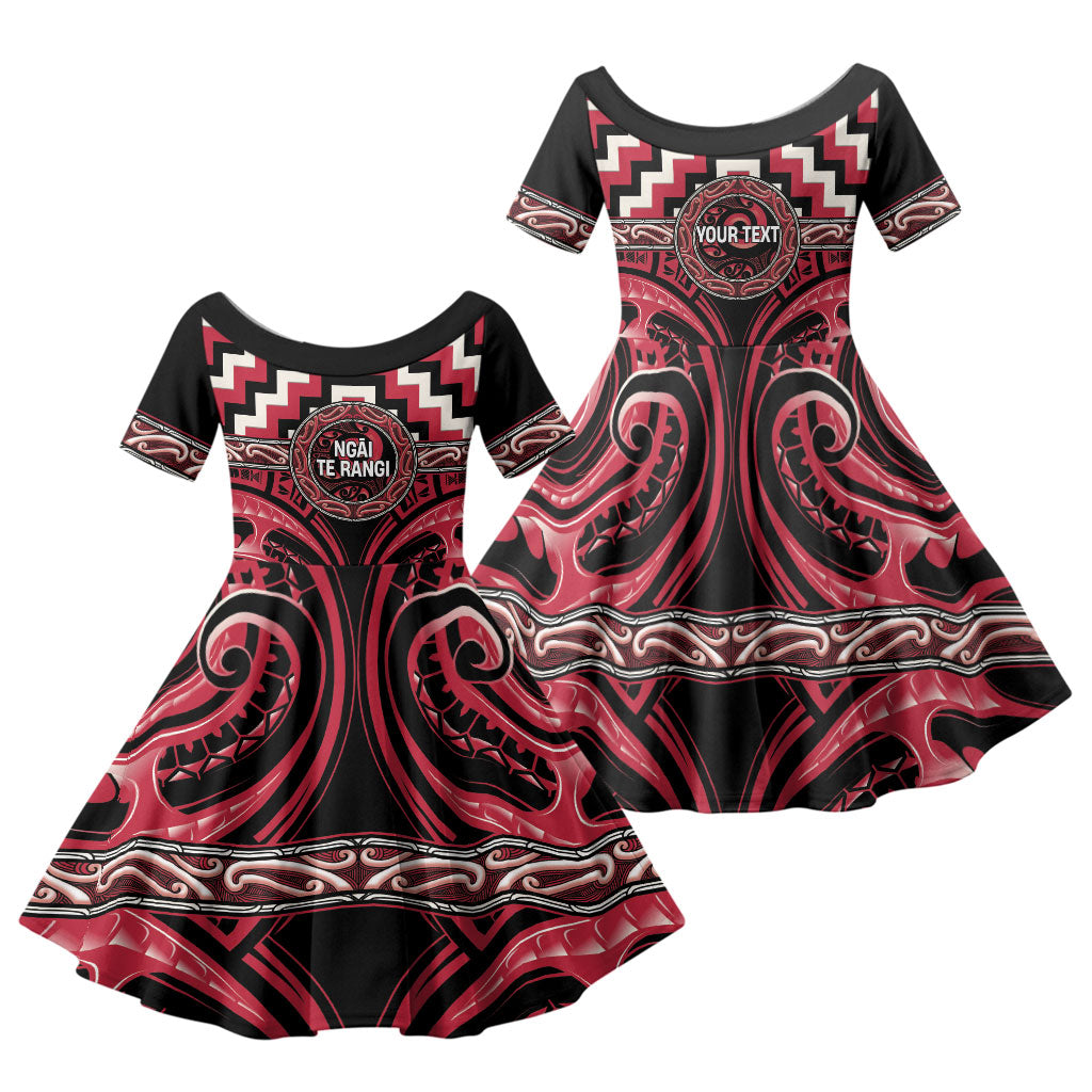 Aotearoa Ngai Te Rangi Personalised Family Matching Off The Shoulder Long Sleeve Dress and Hawaiian Shirt Maori Iwi Poutama Puhoro Tattoo LT14 Daughter's Dress Red - Polynesian Pride