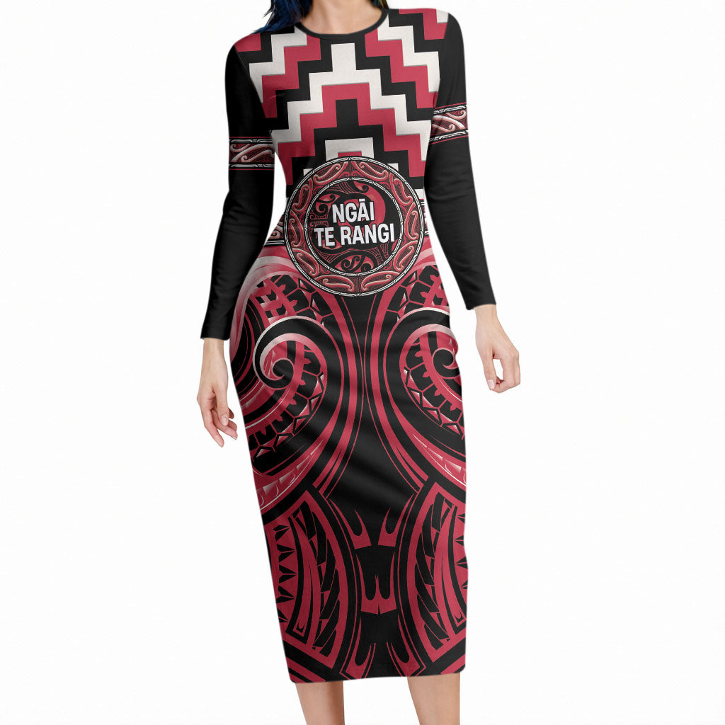 Aotearoa Ngai Te Rangi Personalised Long Sleeve Bodycon Dress Maori Iwi Poutama Puhoro Tattoo LT14 Long Dress Red - Polynesian Pride