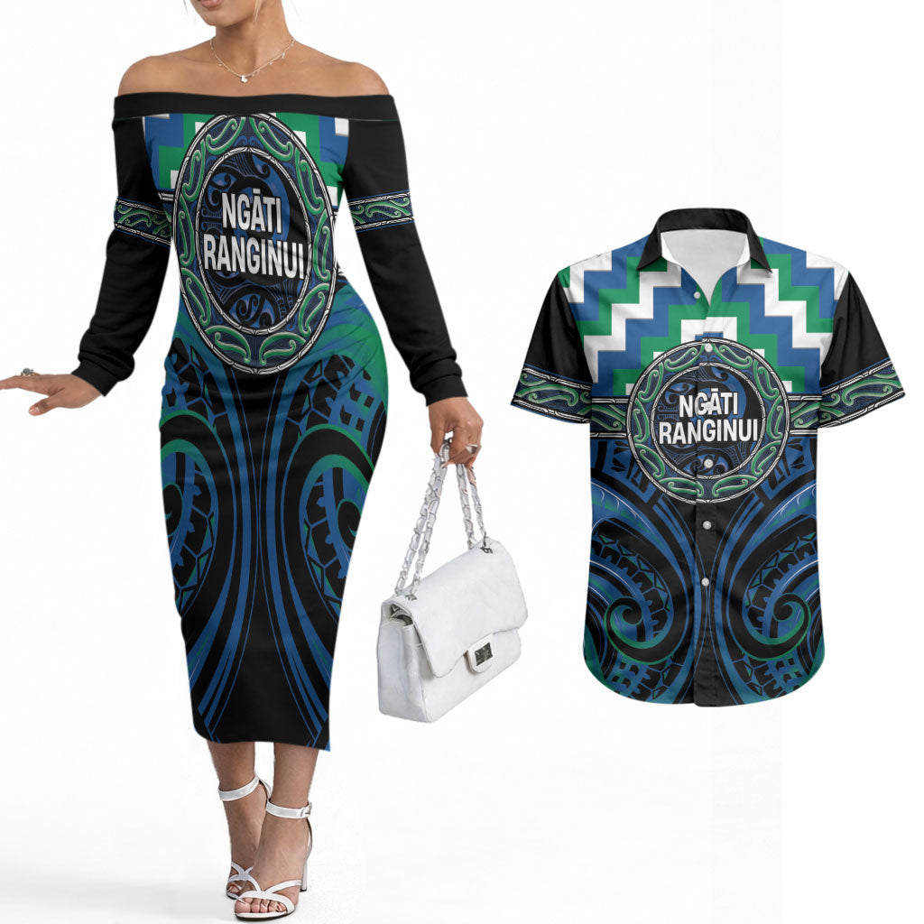 Aotearoa Ngati Ranginui Personalised Couples Matching Off The Shoulder Long Sleeve Dress and Hawaiian Shirt Maori Iwi Poutama Puhoro Tattoo LT14 Green - Polynesian Pride