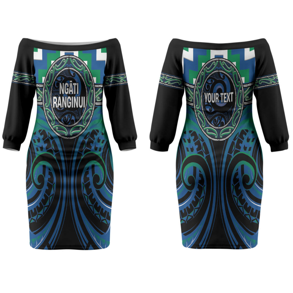 Aotearoa Ngati Ranginui Personalised Couples Matching Off The Shoulder Long Sleeve Dress and Hawaiian Shirt Maori Iwi Poutama Puhoro Tattoo LT14 - Polynesian Pride