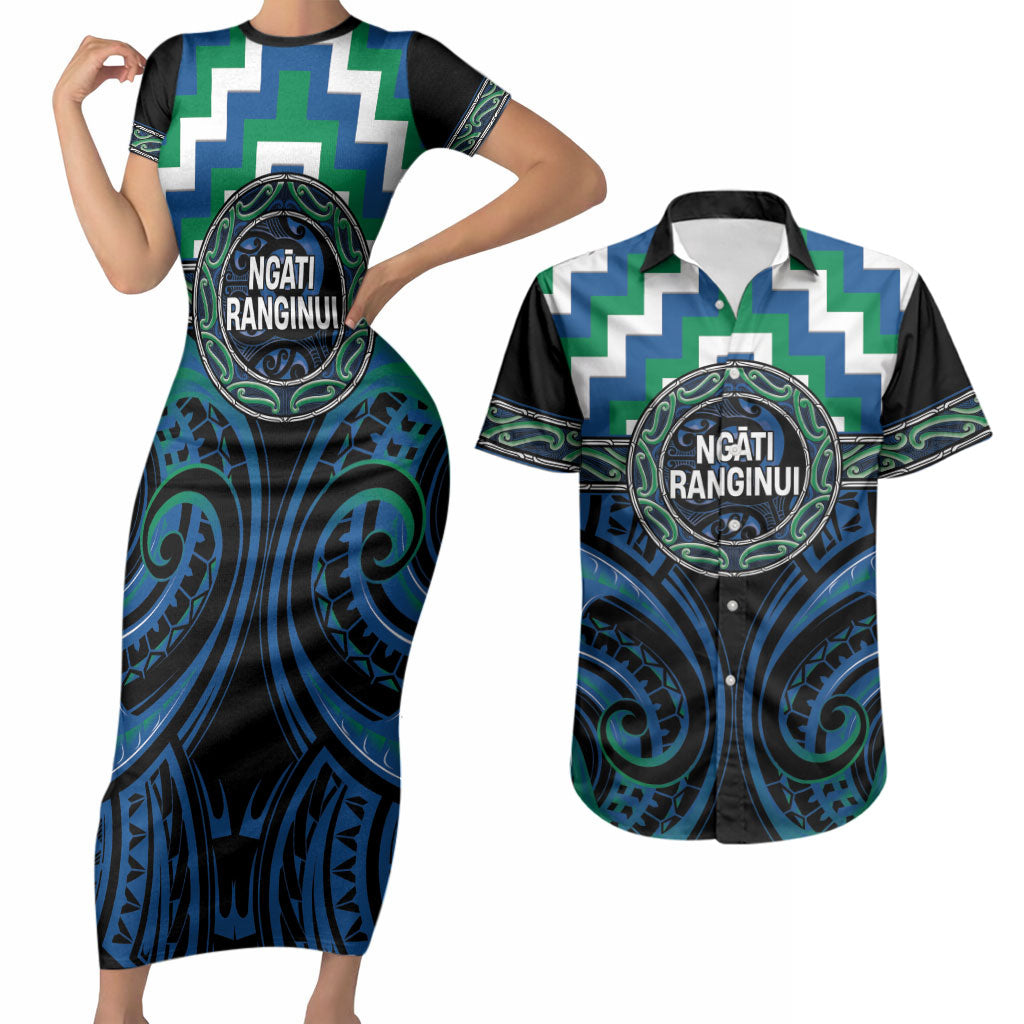 Aotearoa Ngati Ranginui Personalised Couples Matching Short Sleeve Bodycon Dress and Hawaiian Shirt Maori Iwi Poutama Puhoro Tattoo LT14 Green - Polynesian Pride