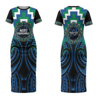 Aotearoa Ngati Ranginui Personalised Family Matching Short Sleeve Bodycon Dress and Hawaiian Shirt Maori Iwi Poutama Puhoro Tattoo LT14 Mom's Dress Green - Polynesian Pride