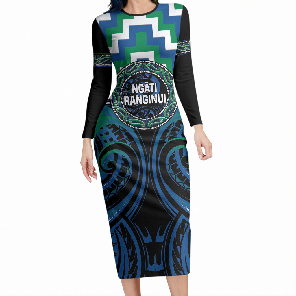 Aotearoa Ngati Ranginui Personalised Long Sleeve Bodycon Dress Maori Iwi Poutama Puhoro Tattoo LT14 Long Dress Green - Polynesian Pride