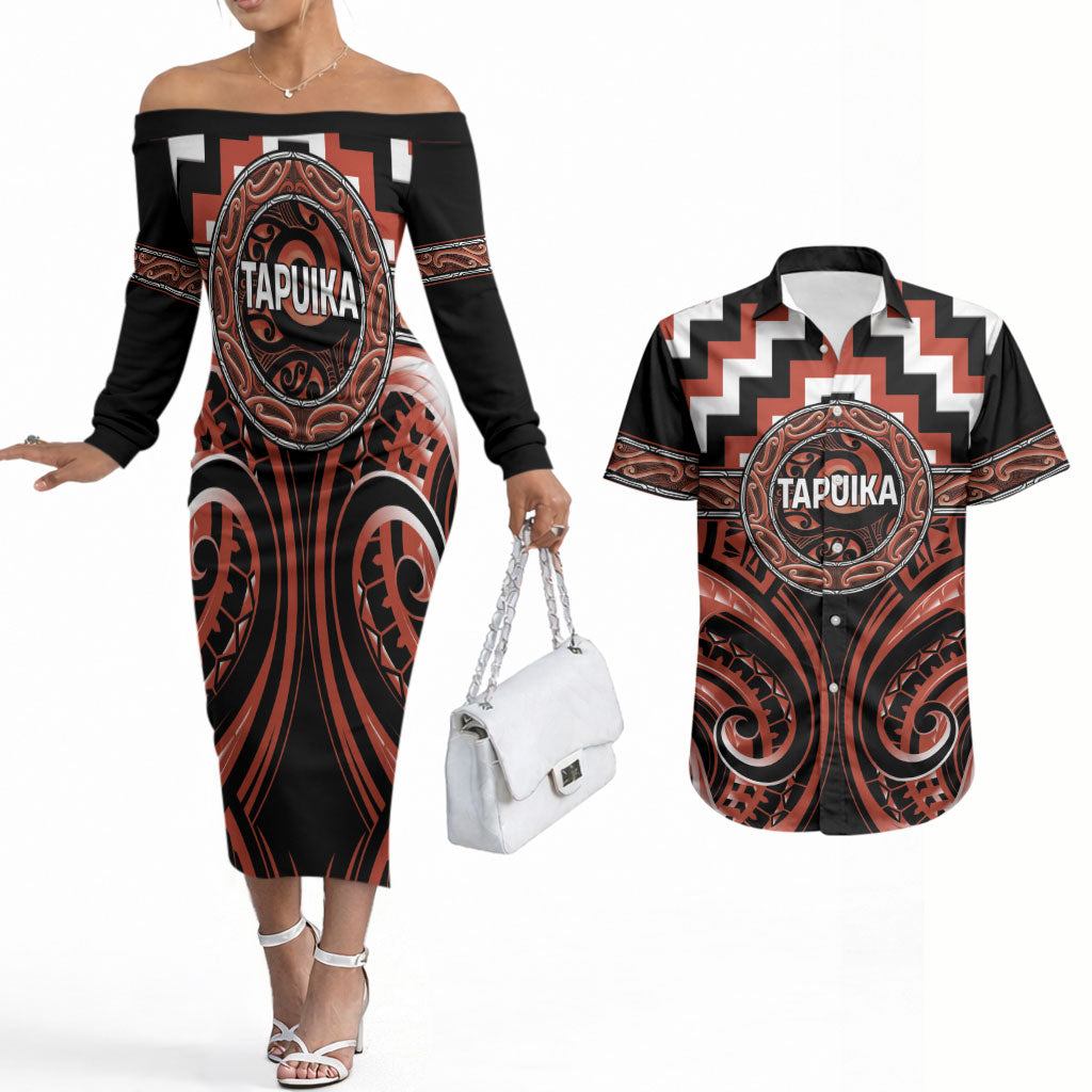 Aotearoa Tapuika Personalised Couples Matching Off The Shoulder Long Sleeve Dress and Hawaiian Shirt Maori Iwi Poutama Puhoro Tattoo LT14 Red - Polynesian Pride